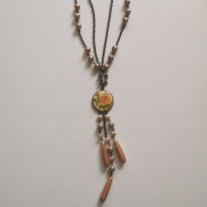 Coral Rose Faux Pink Pearl Danglers Pendant Necklace Beads Cottagecore Retro